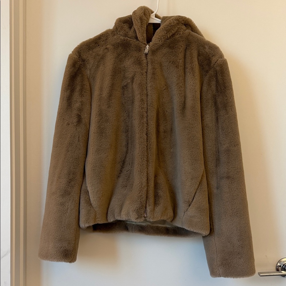 Theory Tan Faux Fur Hooded Jacket